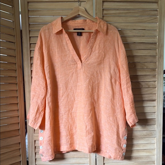 Soft Orange Linen Tunic with Button Accents 3/4 sleeves - Picture 1 of 3